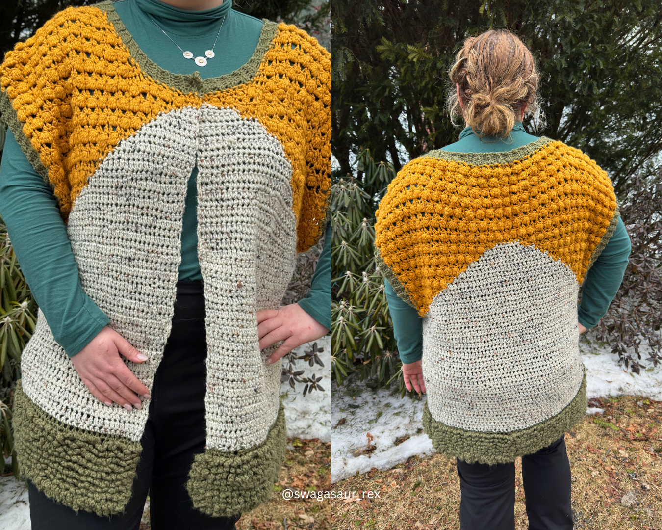 Handmade crochet Highland Vest, crochet pattern pdf, crochet cardigan vest pattern, intermediate-level crochet pattern, made-to-measure vest, customizable crochet top, adjustable length and width, skill-building crochet project, crochet vest pattern with photo, video, and written instructions, stylish fall and winter crochet vest, cozy layering piece, learn new crochet stitches, DIY crochet clothing, sustainable crochet fashion.
