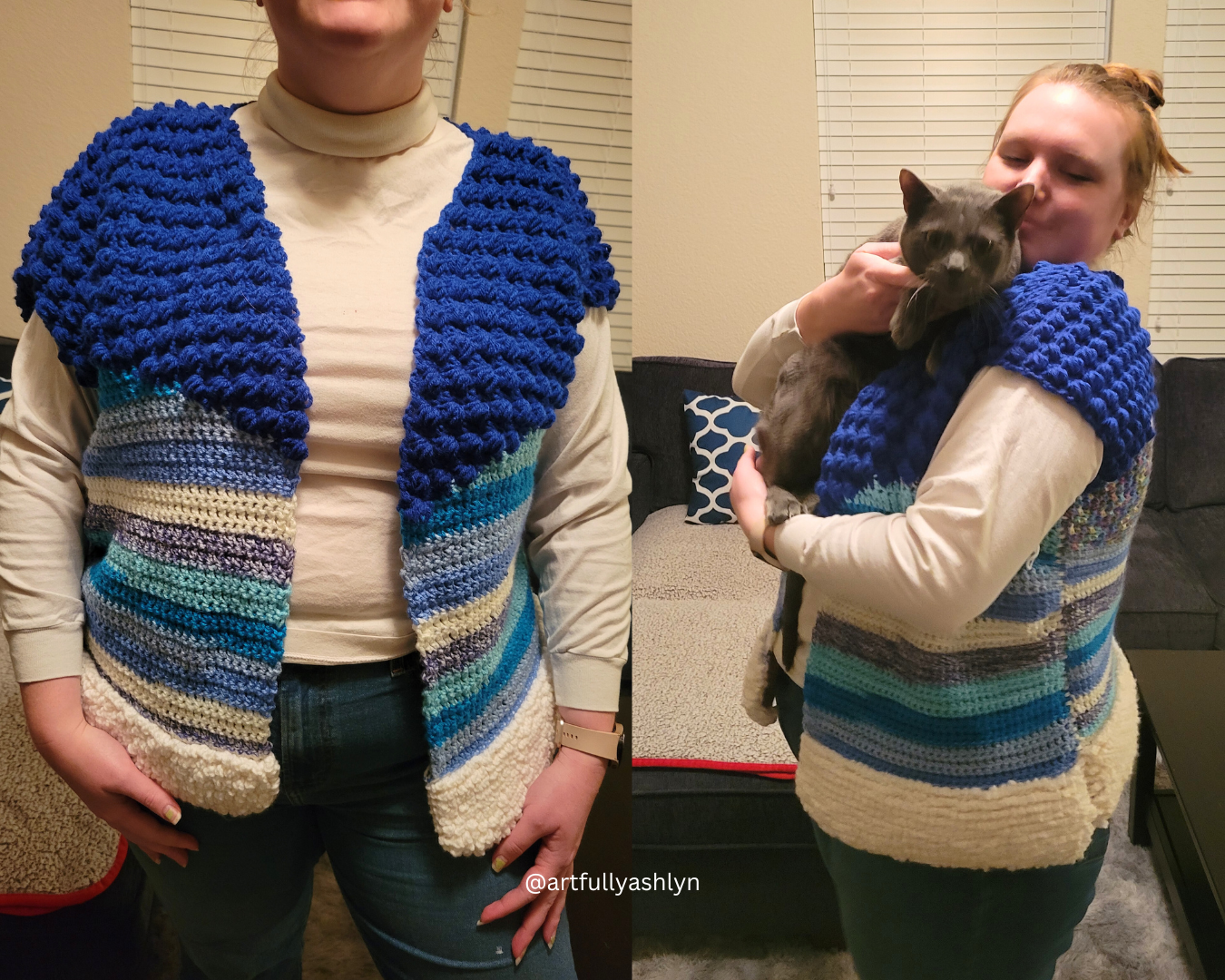 Handmade crochet Highland Vest, crochet pattern pdf, crochet cardigan vest pattern, intermediate-level crochet pattern, made-to-measure vest, customizable crochet top, adjustable length and width, skill-building crochet project, crochet vest pattern with photo, video, and written instructions, stylish fall and winter crochet vest, cozy layering piece, learn new crochet stitches, DIY crochet clothing, sustainable crochet fashion.