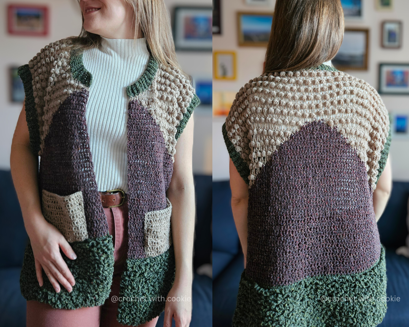 Handmade crochet Highland Vest, crochet pattern pdf, crochet cardigan vest pattern, intermediate-level crochet pattern, made-to-measure vest, customizable crochet top, adjustable length and width, skill-building crochet project, crochet vest pattern with photo, video, and written instructions, stylish fall and winter crochet vest, cozy layering piece, learn new crochet stitches, DIY crochet clothing, sustainable crochet fashion.