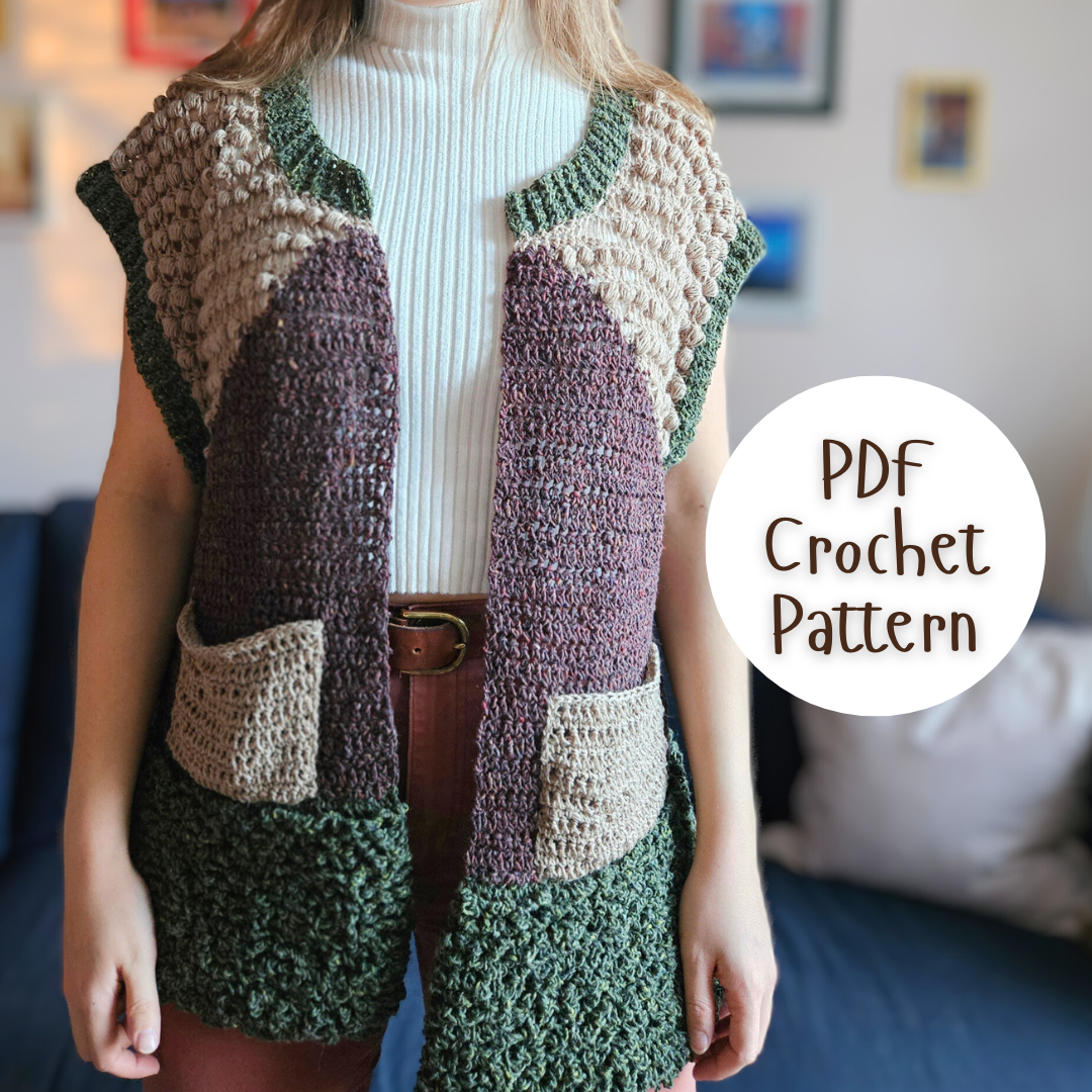 Handmade crochet Highland Vest, crochet pattern pdf, crochet cardigan vest pattern, intermediate-level crochet pattern, made-to-measure vest, customizable crochet top, adjustable length and width, skill-building crochet project, crochet vest pattern with photo, video, and written instructions, stylish fall and winter crochet vest, cozy layering piece, learn new crochet stitches, DIY crochet clothing, sustainable crochet fashion.