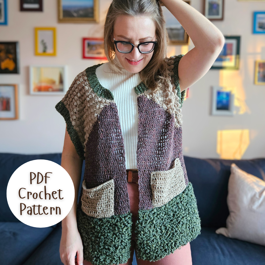 Handmade crochet Highland Vest, crochet pattern pdf, crochet cardigan vest pattern, intermediate-level crochet pattern, made-to-measure vest, customizable crochet top, adjustable length and width, skill-building crochet project, crochet vest pattern with photo, video, and written instructions, stylish fall and winter crochet vest, cozy layering piece, learn new crochet stitches, DIY crochet clothing, sustainable crochet fashion.