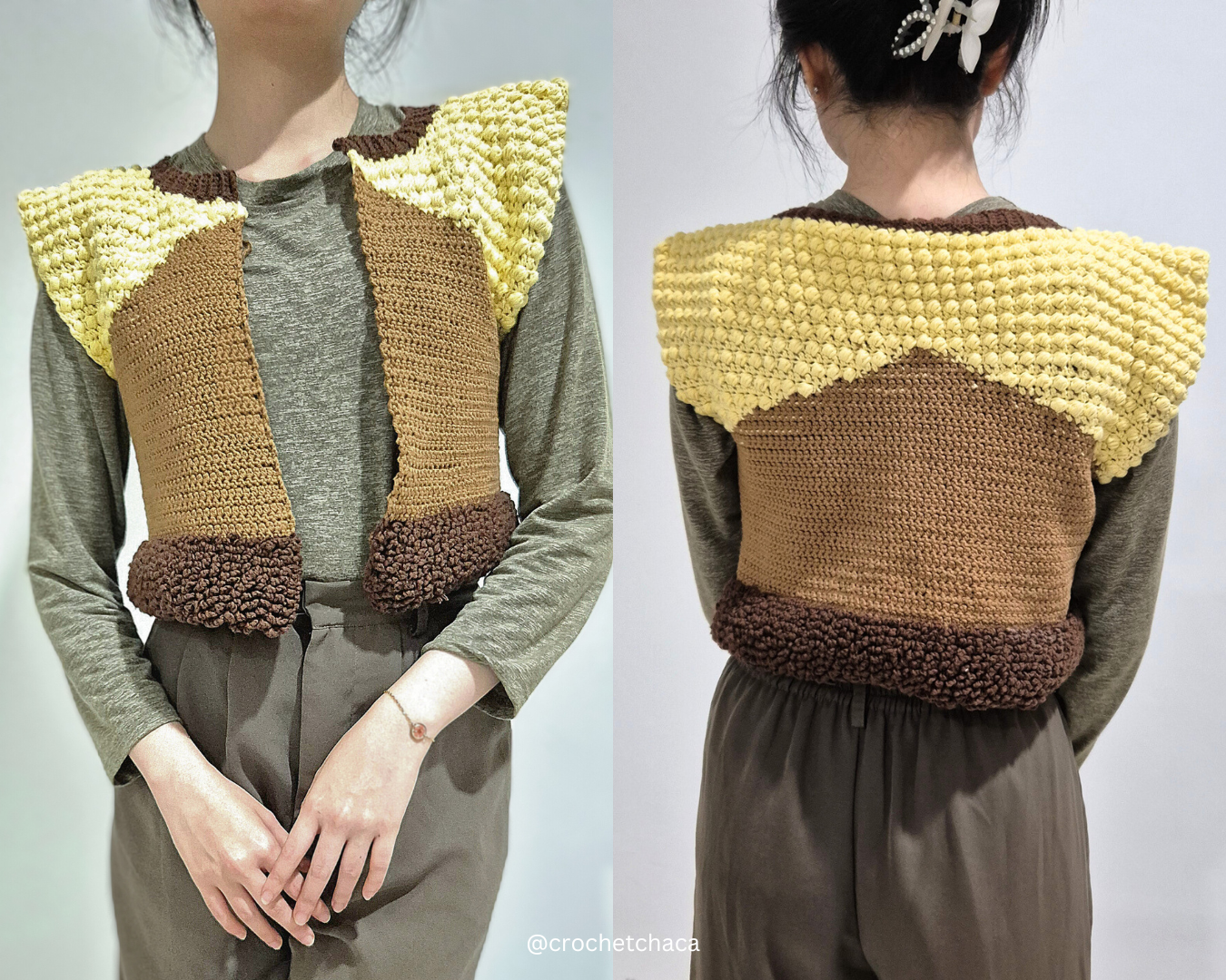 Handmade crochet Highland Vest, crochet pattern pdf, crochet cardigan vest pattern, intermediate-level crochet pattern, made-to-measure vest, customizable crochet top, adjustable length and width, skill-building crochet project, crochet vest pattern with photo, video, and written instructions, stylish fall and winter crochet vest, cozy layering piece, learn new crochet stitches, DIY crochet clothing, sustainable crochet fashion.