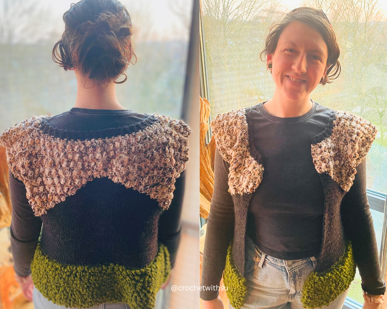 Handmade crochet Highland Vest, crochet pattern pdf, crochet cardigan vest pattern, intermediate-level crochet pattern, made-to-measure vest, customizable crochet top, adjustable length and width, skill-building crochet project, crochet vest pattern with photo, video, and written instructions, stylish fall and winter crochet vest, cozy layering piece, learn new crochet stitches, DIY crochet clothing, sustainable crochet fashion.