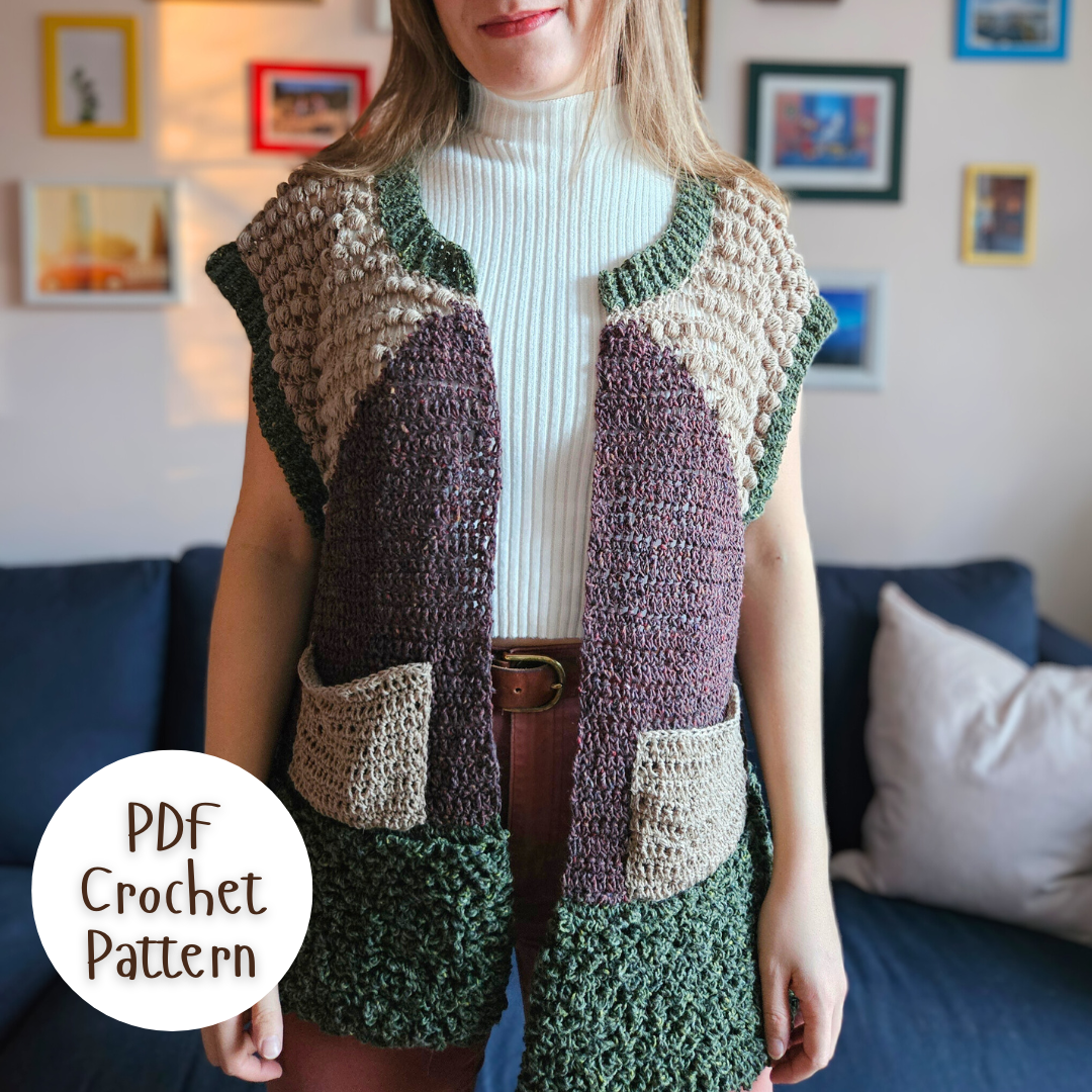 Handmade crochet Highland Vest, crochet pattern pdf, crochet cardigan vest pattern, intermediate-level crochet pattern, made-to-measure vest, customizable crochet top, adjustable length and width, skill-building crochet project, crochet vest pattern with photo, video, and written instructions, stylish fall and winter crochet vest, cozy layering piece, learn new crochet stitches, DIY crochet clothing, sustainable crochet fashion.