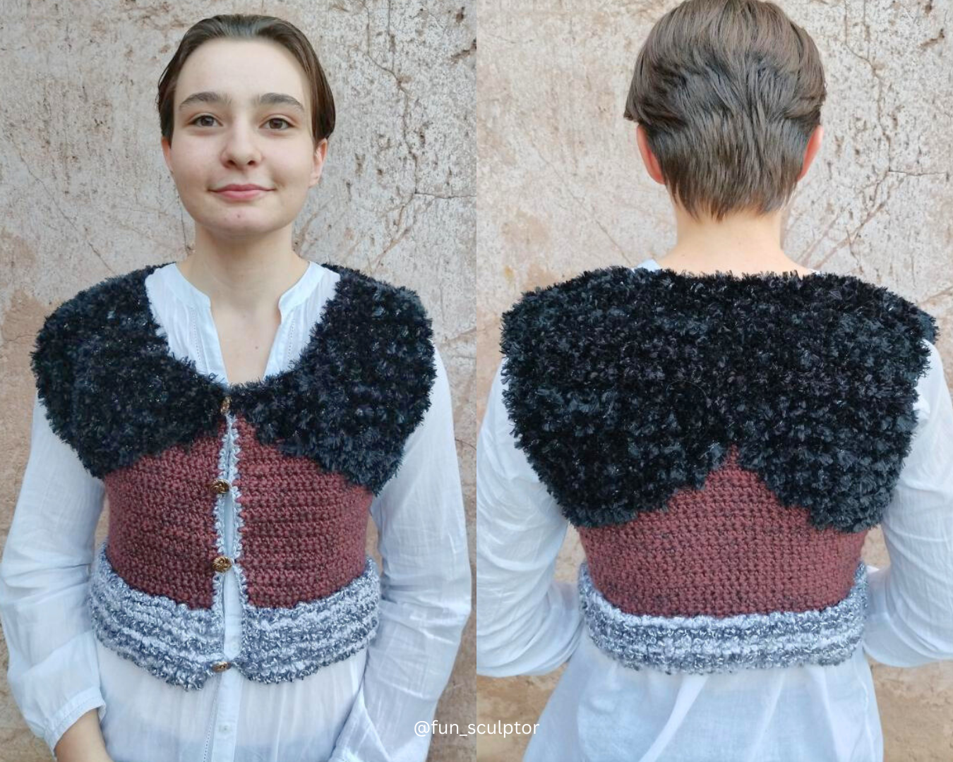 Handmade crochet Highland Vest, crochet pattern pdf, crochet cardigan vest pattern, intermediate-level crochet pattern, made-to-measure vest, customizable crochet top, adjustable length and width, skill-building crochet project, crochet vest pattern with photo, video, and written instructions, stylish fall and winter crochet vest, cozy layering piece, learn new crochet stitches, DIY crochet clothing, sustainable crochet fashion.