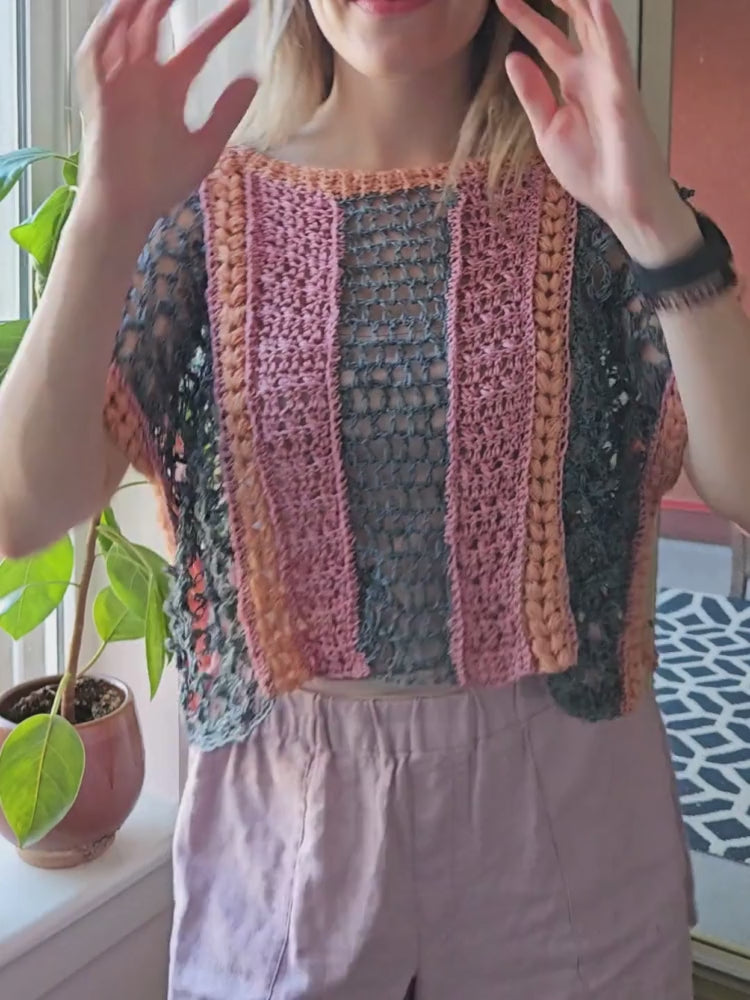 athena top crochet pattern pdf, loose lace trendy crochet top, scrap yarn project, scrap yarn top crochet, women girls colorful unique crochet pullover, summer crochet top pattern, advanced-beginner crochet pattern pdf, written and video instructions included.