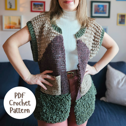 Handmade crochet Highland Vest, crochet pattern pdf, crochet cardigan vest pattern, intermediate-level crochet pattern, made-to-measure vest, customizable crochet top, adjustable length and width, skill-building crochet project, crochet vest pattern with photo, video, and written instructions, stylish fall and winter crochet vest, cozy layering piece, learn new crochet stitches, DIY crochet clothing, sustainable crochet fashion.