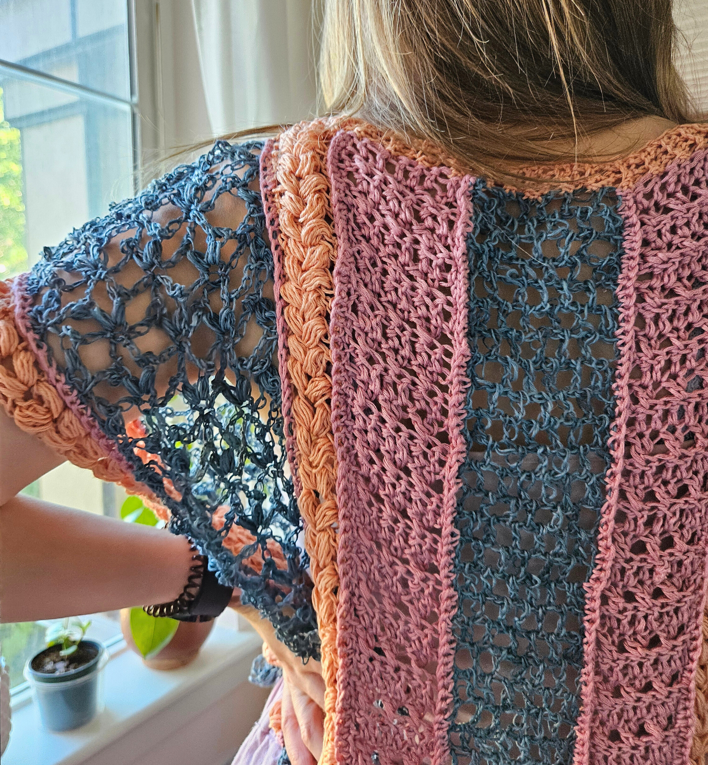 athena top crochet pattern pdf, loose lace trendy crochet top, scrap yarn project, scrap yarn top crochet, women girls colorful unique crochet pullover, summer crochet top pattern, advanced-beginner crochet pattern pdf, written and video instructions included.