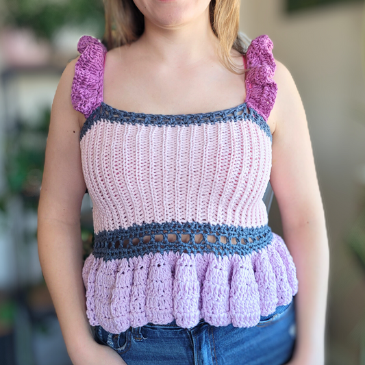 crochet tank top pattern join-as-you-go, no sew crochet top pattern, easy beginner friendly crochet top pattern pdf, simple cute stylish trendy crochet top, peplum crochet top pattern, ruffled top crochet, stretchy crochet top, made-to-measure crochet pattern top, size inclusive top pattern