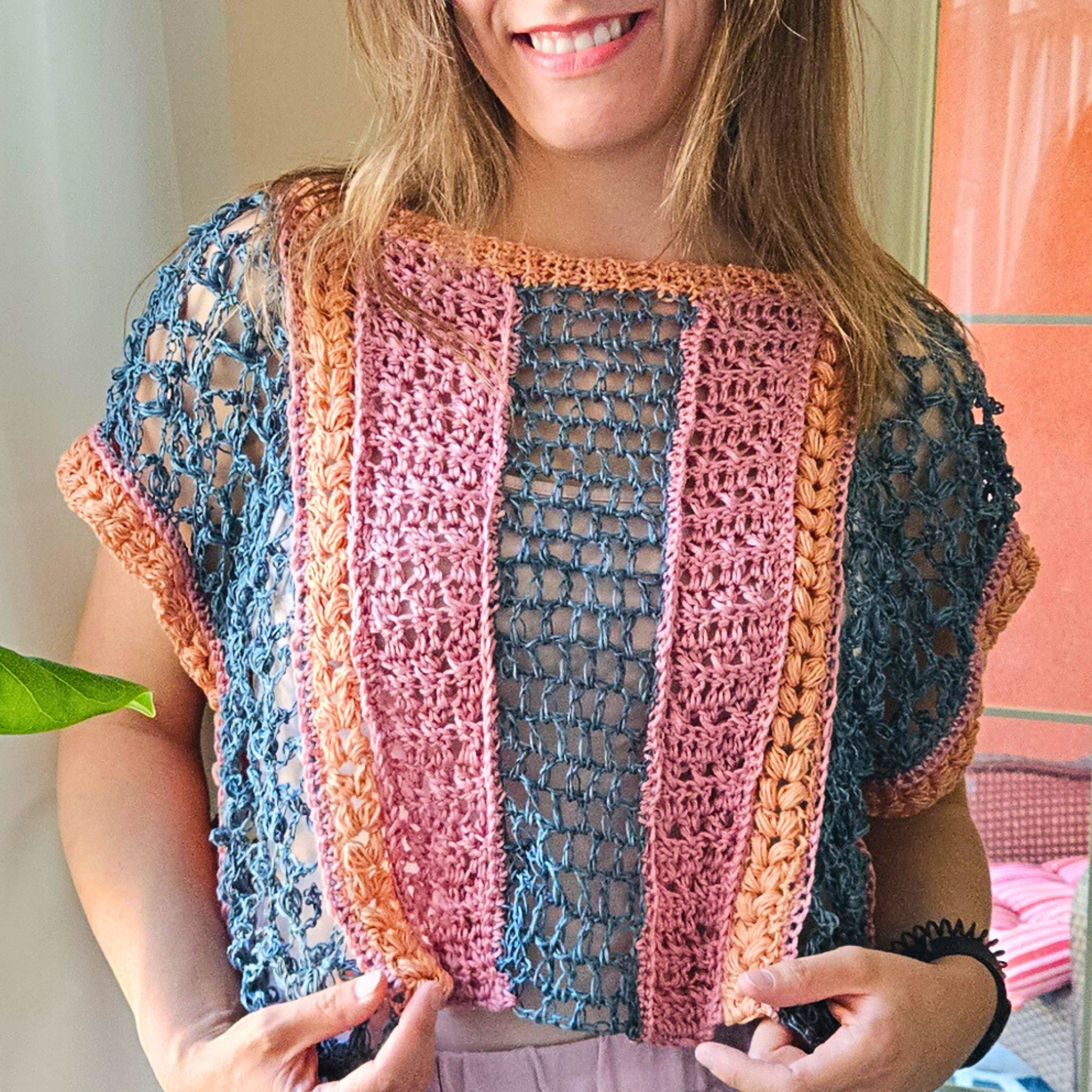 athena top crochet pattern pdf, loose lace trendy crochet top, scrap yarn project, scrap yarn top crochet, women girls colorful unique crochet pullover, summer crochet top pattern, advanced-beginner crochet pattern pdf, written and video instructions included.