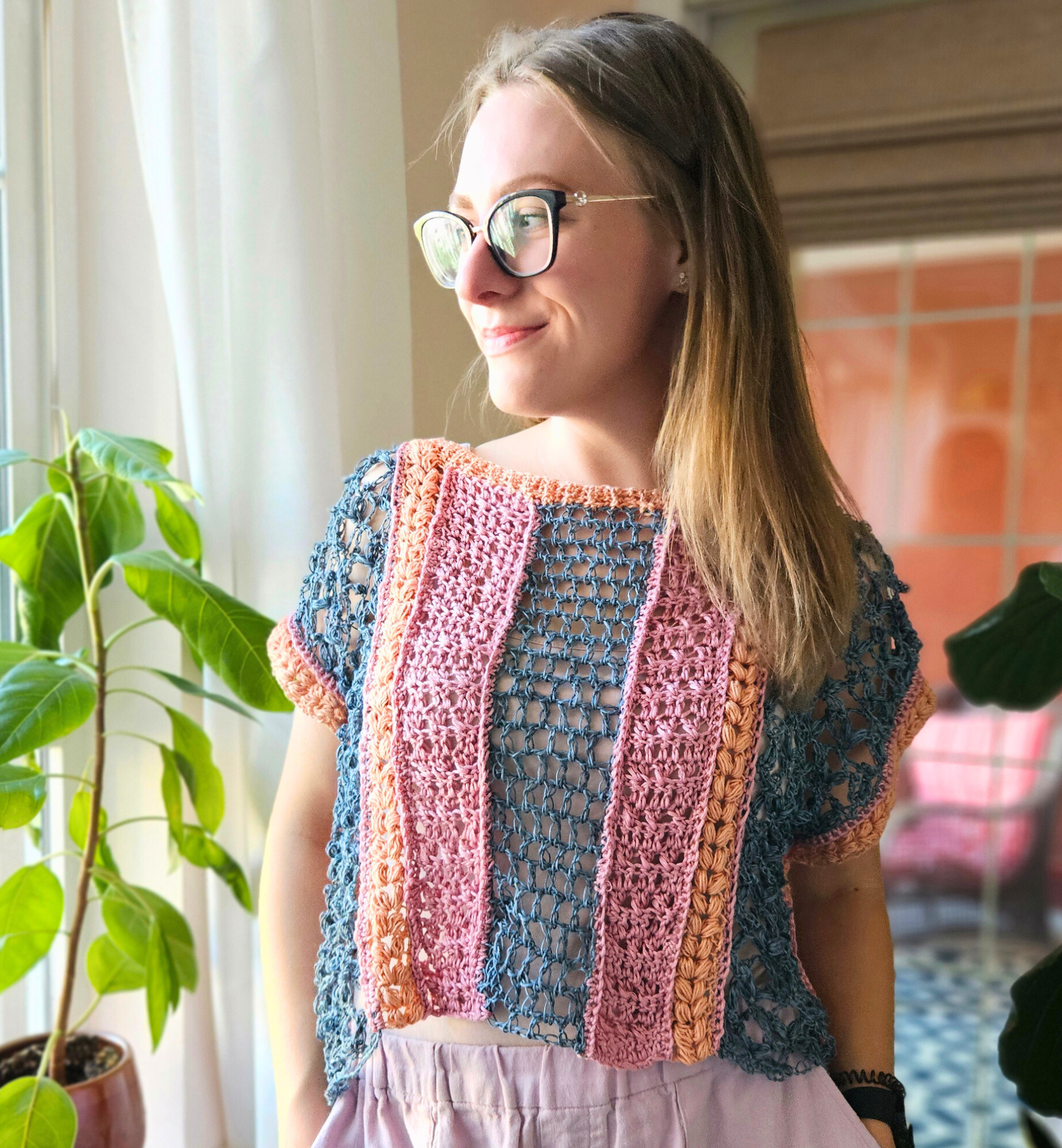 athena top crochet pattern pdf, loose lace trendy crochet top, scrap yarn project, scrap yarn top crochet, women girls colorful unique crochet pullover, summer crochet top pattern, advanced-beginner crochet pattern pdf, written and video instructions included.