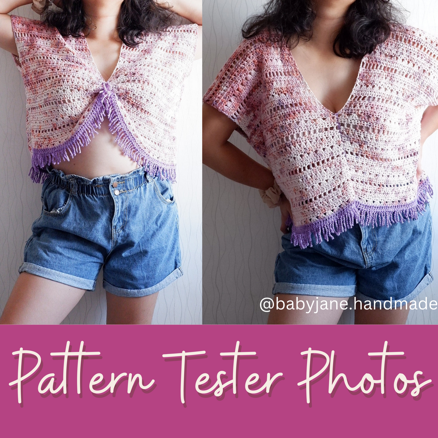 festival fringe cami crochet pattern pdf, simple beginner crochet festival top, spring break crochet top, fringe lace loose festival top crochet pattern, unique trendy two-piece top crochet pattern, no sew crochet top, size-inclusive crochet pattern, fishnet crochet top, women crochet shirt pattern